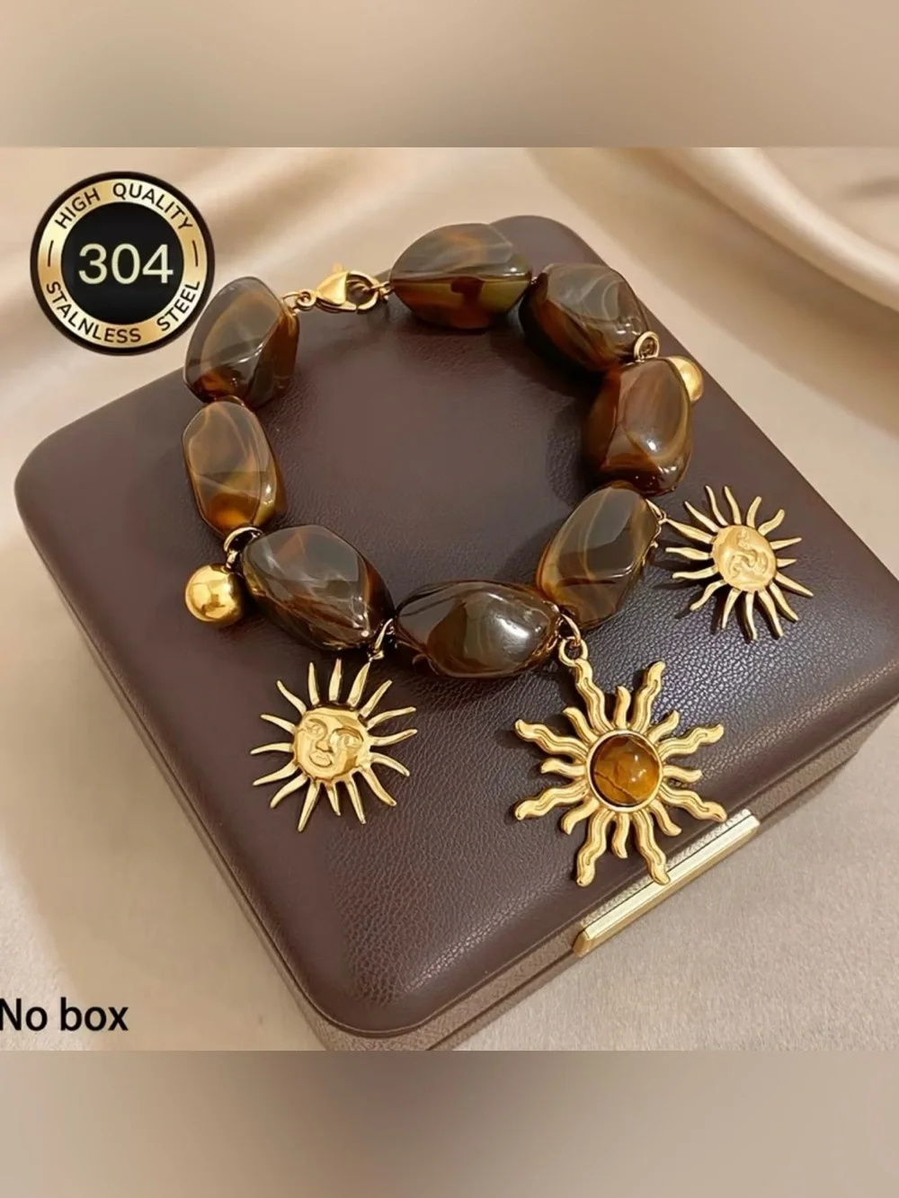 NEW! Boho Sun Charm Brown Beaded Bracelet. Cat's Eye/Tiger's Eye Bracelet 👁️B0-6